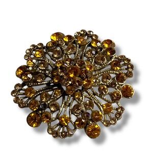 Sparkling Amber Rhinestone Flower Brooch Pin Vintage Costume Jewelry Women